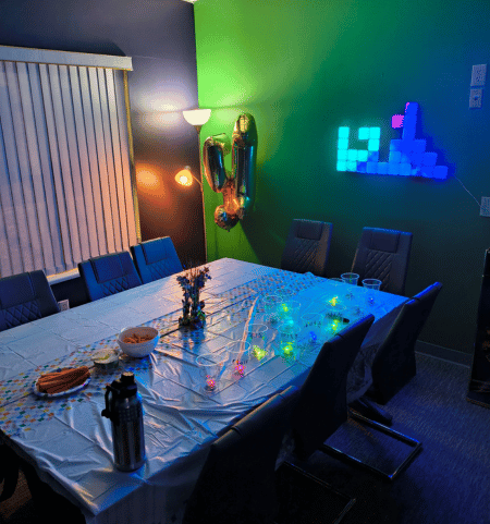The decorated party room at The Basement VR
