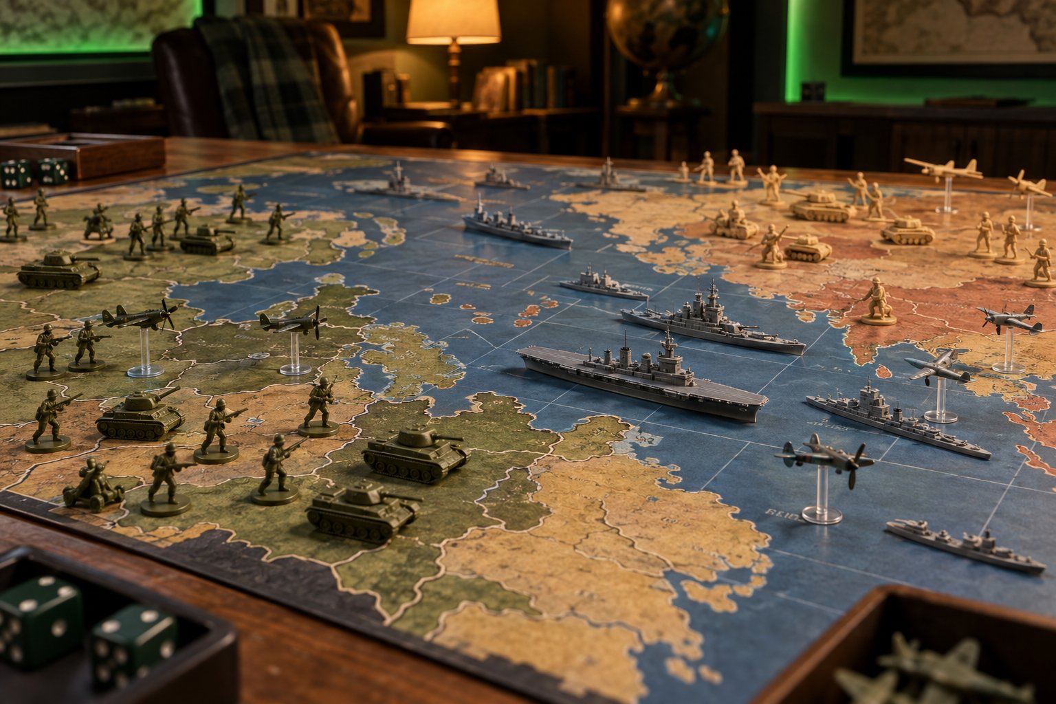 WWII-style miniature tanks, infantry, ships, and aircraft arranged on a world map game board