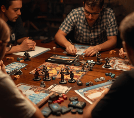 Friends gathered around a table playing a board game